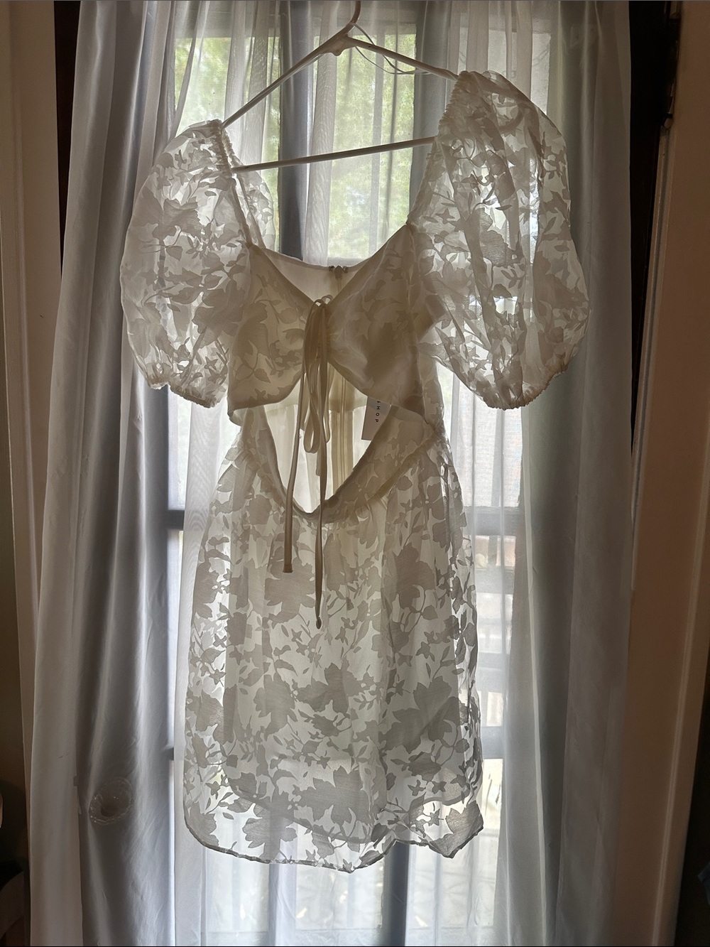 Topshop Ivory Puff-Sleeve Floral Lace Babydoll Dress